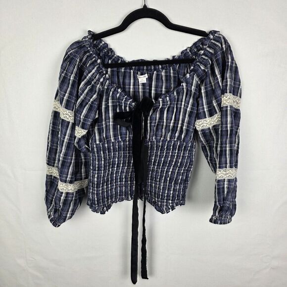 NWT KIMCHI BLUE Marley Front Tie Blouse in Navy Plaid Print with Lace Detail Lrg - Picture 2 of 7